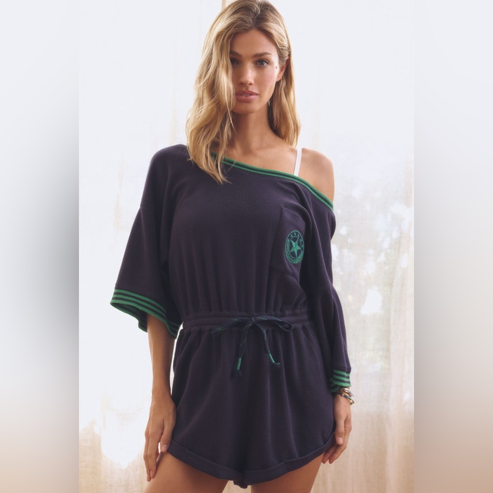 Navy Off-Shoulder Romper with Green Accents (Tags removed worn once)